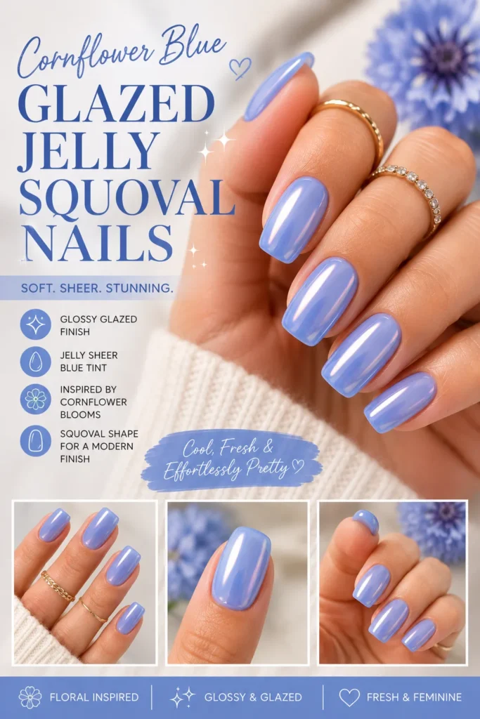 Cornflower Blue Glazed Jelly Squoval Nails