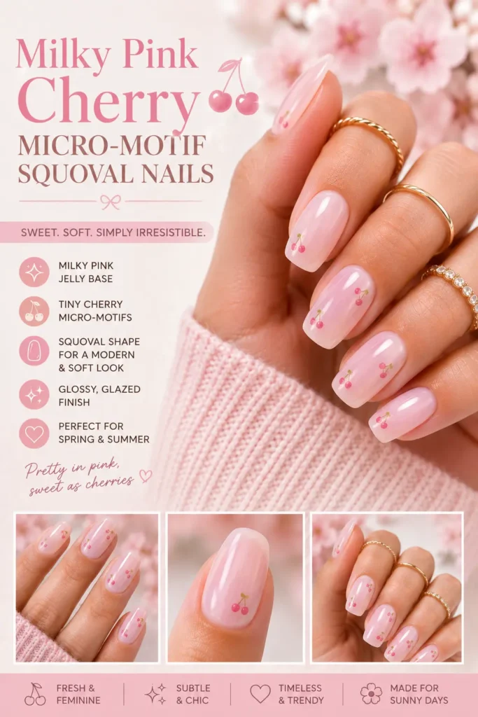 Milky Pink Cherry Micro-Motif Squoval Nails
