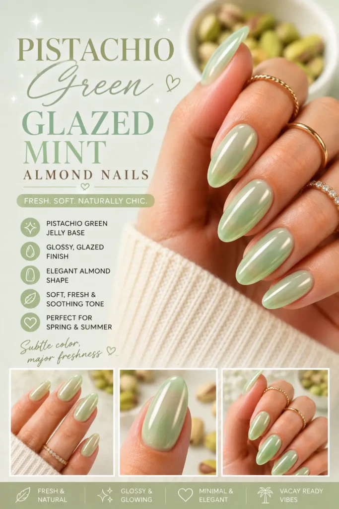 Pistachio Green Glazed Mint Almond Nails