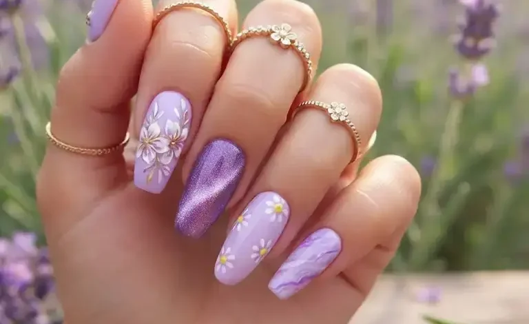 Purple Spring Nails 2026: Light Acrylic Designs, Lavender Florals, Cat Eye, Coffin & Almond Inspo HQ