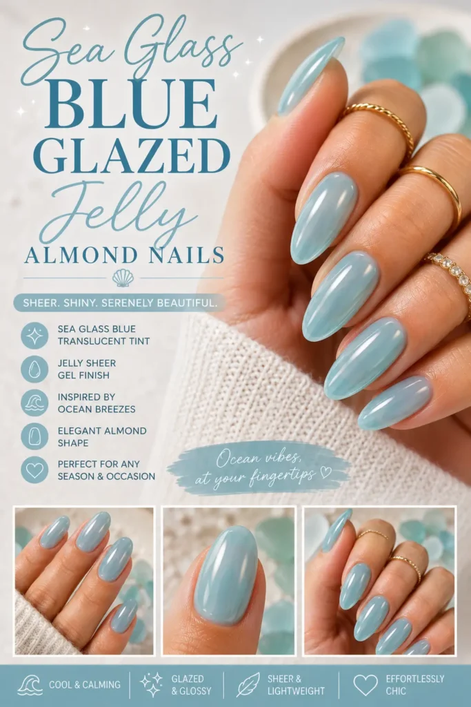 Sea Glass Blue Glazed Jelly Almond Nails