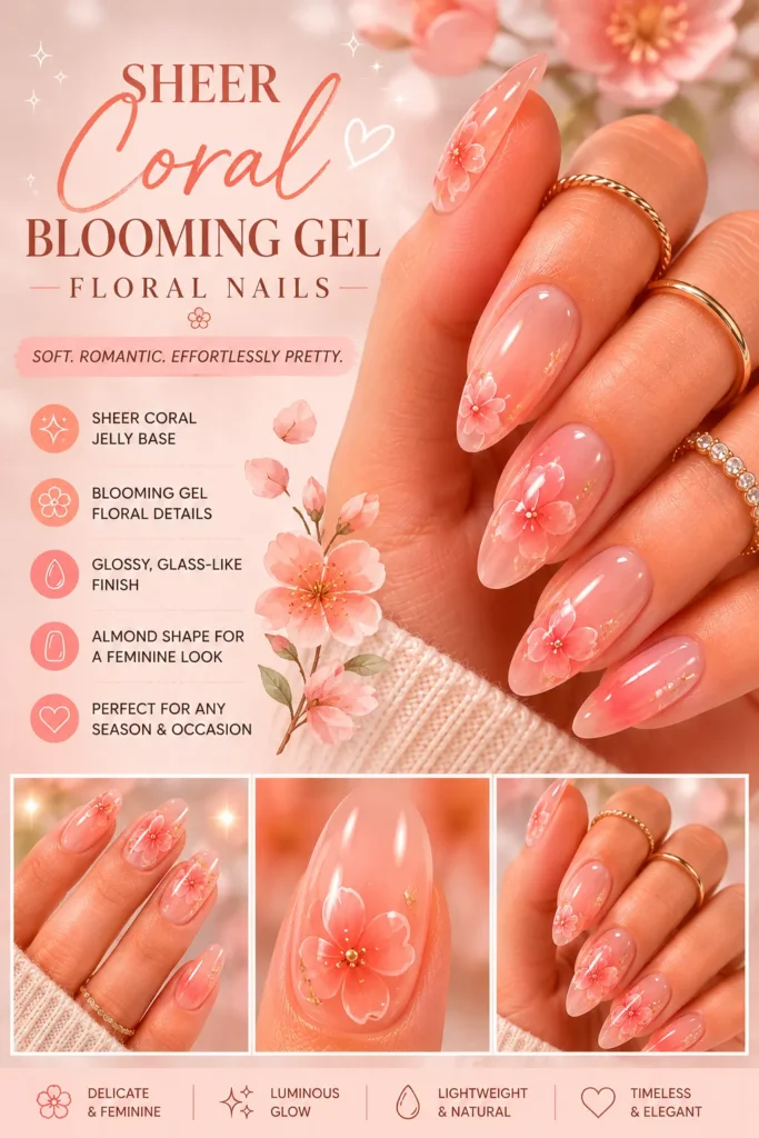 Sheer Coral Blooming Gel Floral Nails