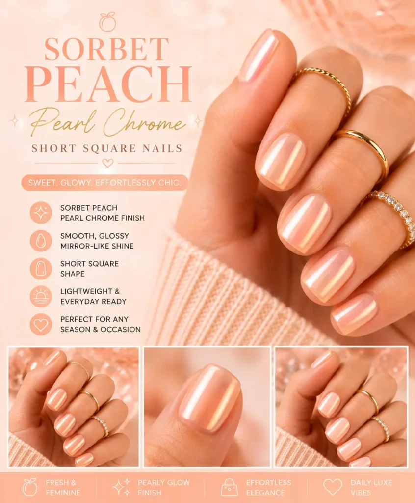 Sorbet Peach Pearl Chrome Short Square Nails