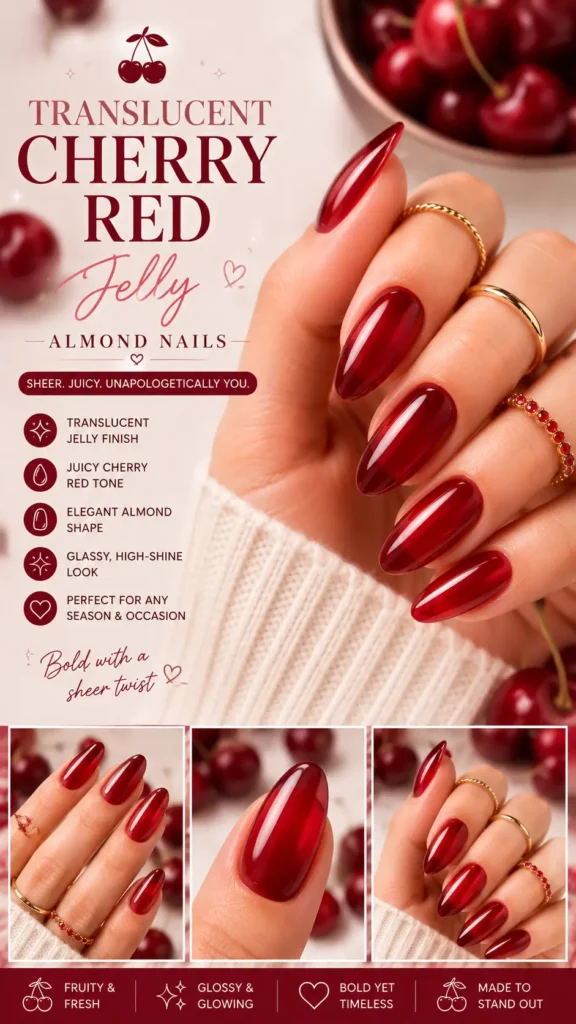 Translucent Cherry Red Jelly Almond Nails