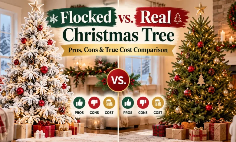 Flocked vs. Real Christmas Tree: Pros, Cons & True Cost Comparison Flocked vs. Real Christmas Tree: Pros, Cons & True Cost Comparison