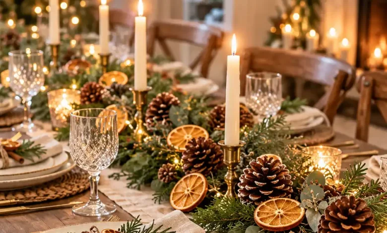 17 Natural Christmas Table Decor Ideas With Greenery, Pinecones, and Dried Oranges