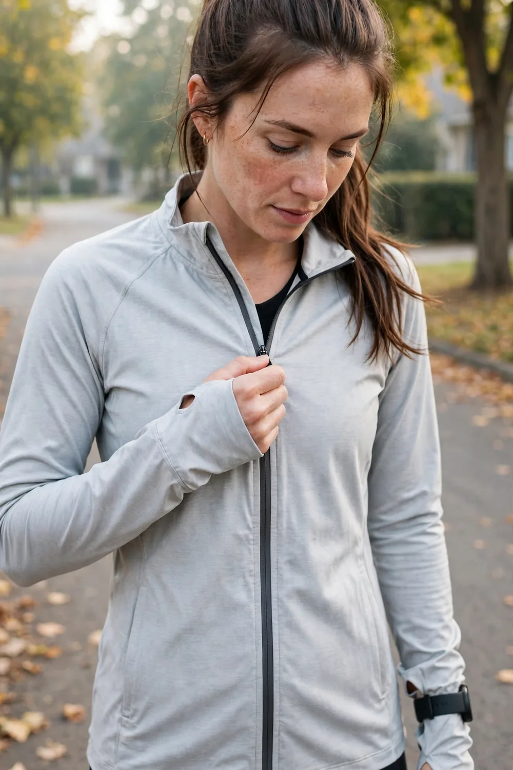 A woman zipping up a lightweight athletic jacket with thumb holes before a morning run