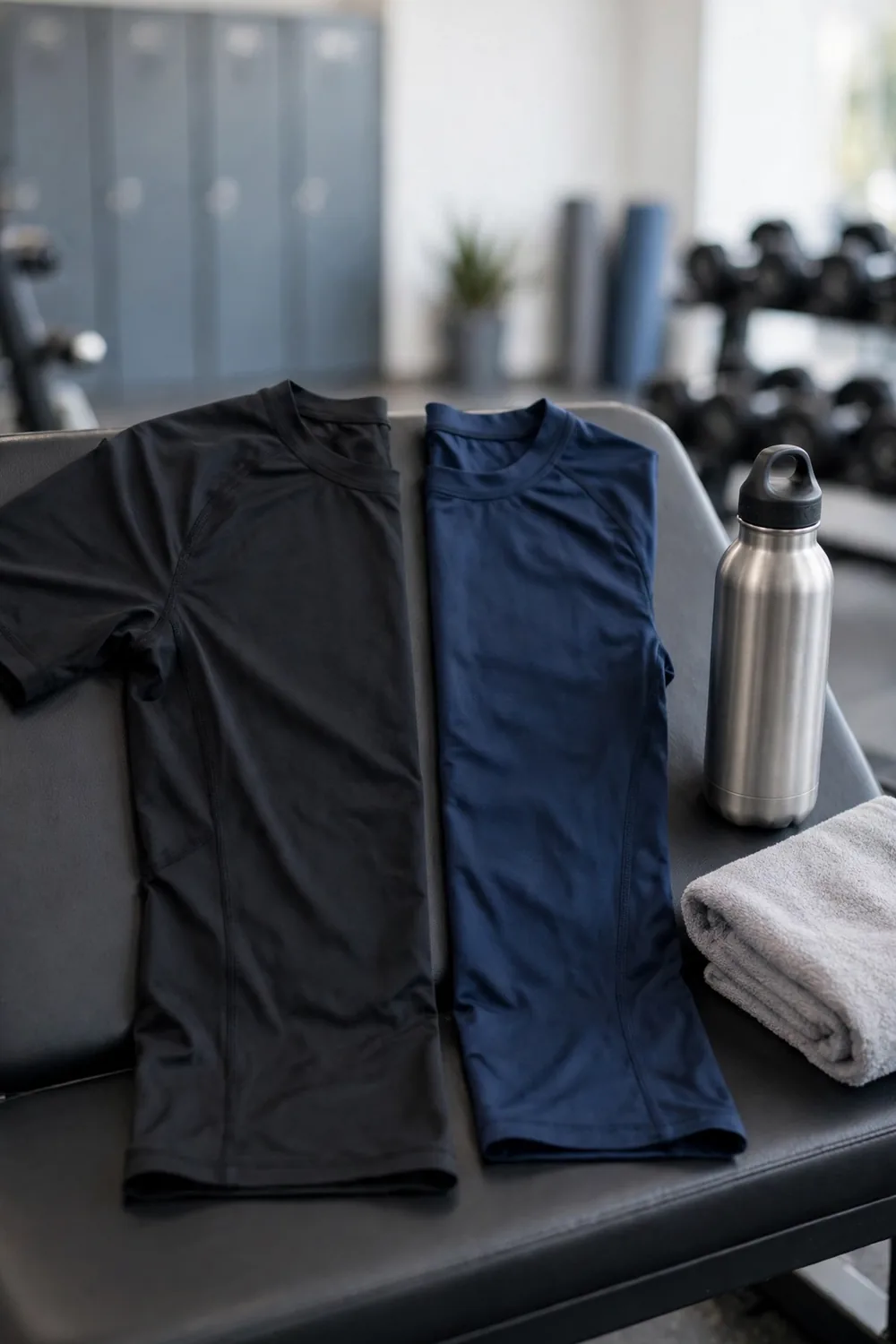 Two fitted dry-fit compression tops in different colours laid out beside gym gear