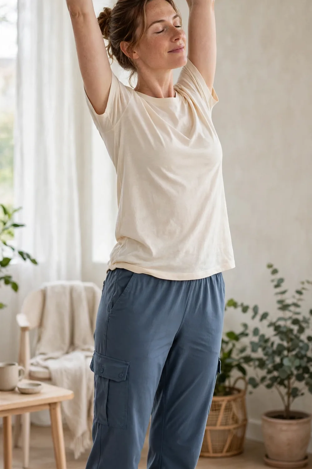 Relaxed cargo yoga pants with pockets on a woman in a gentle standing stretch