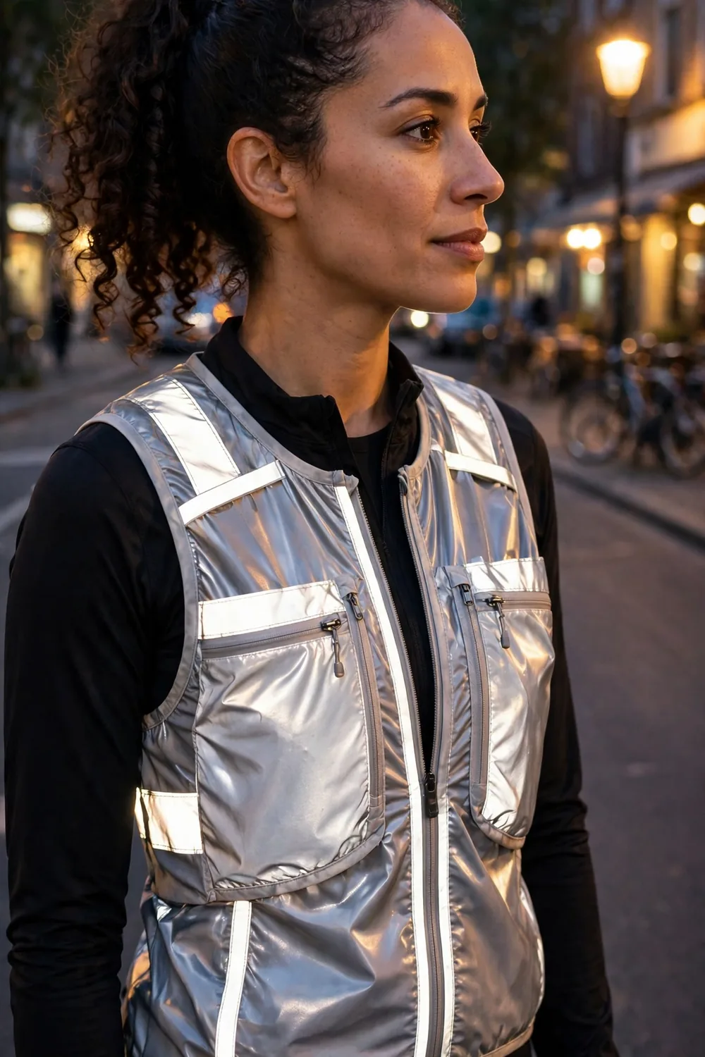 A reflective running vest catching the light at dusk, worn over workout clothes