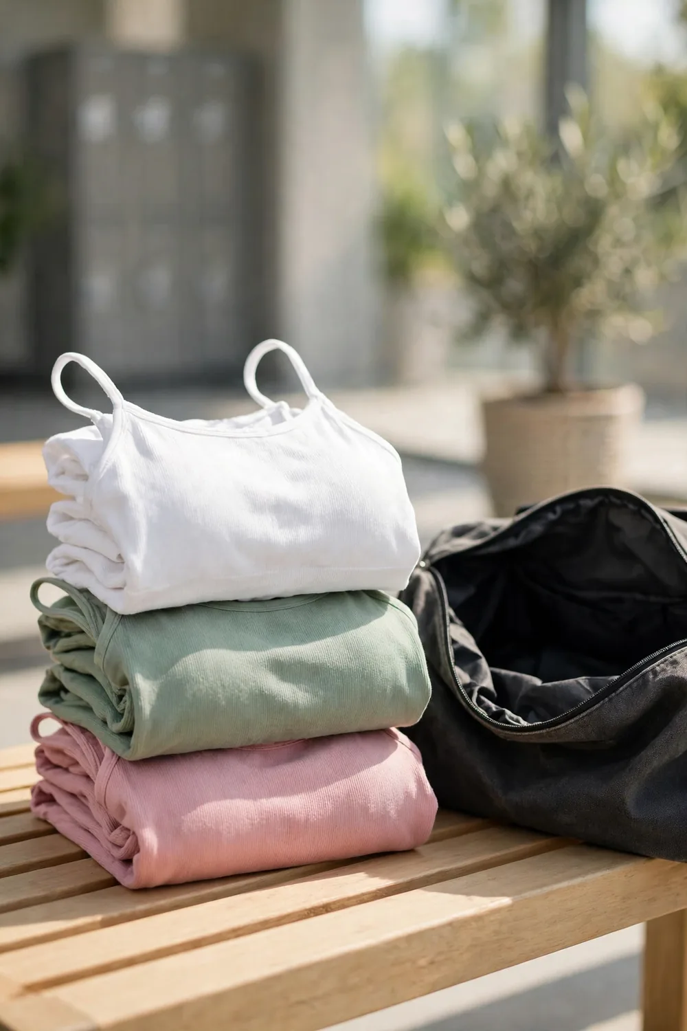 Three cropped workout tank tops in different colours folded beside a gym bag