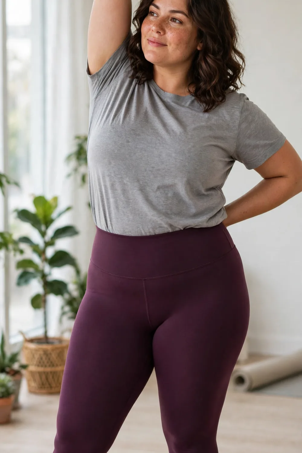 Buttery-soft full-length high-waisted leggings with a second-skin feel on a woman stretching