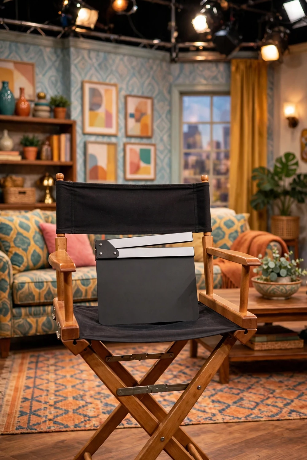 An empty director's chair on a comedy set