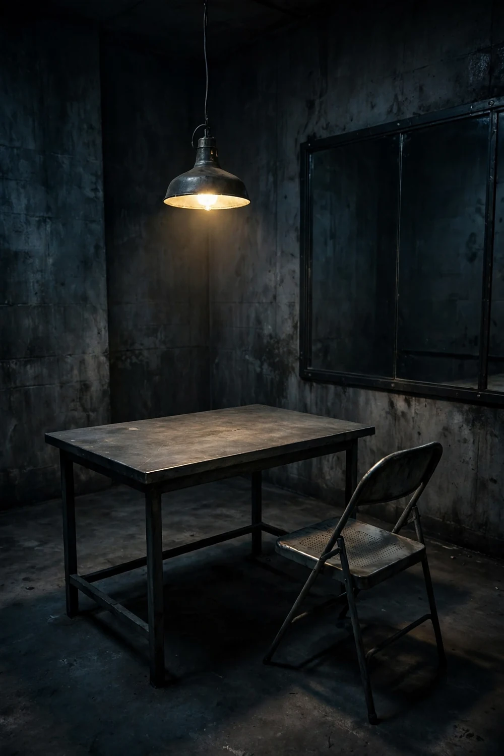 A dark interrogation room with a single lamp