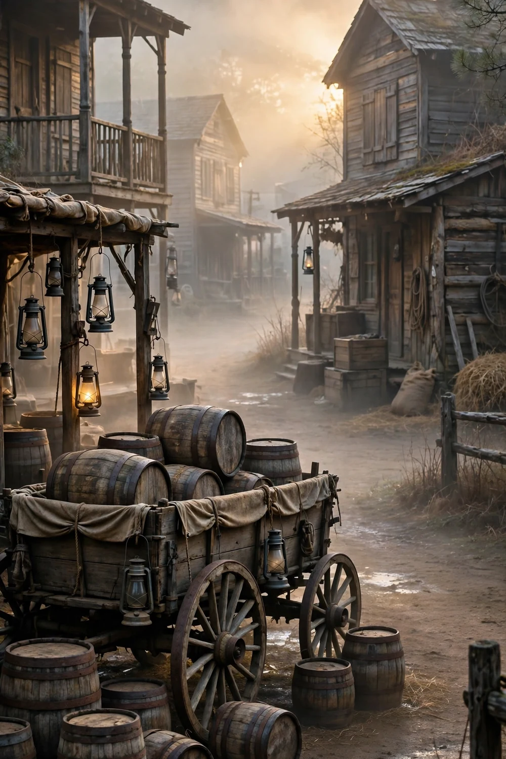A rustic period-film set at dawn