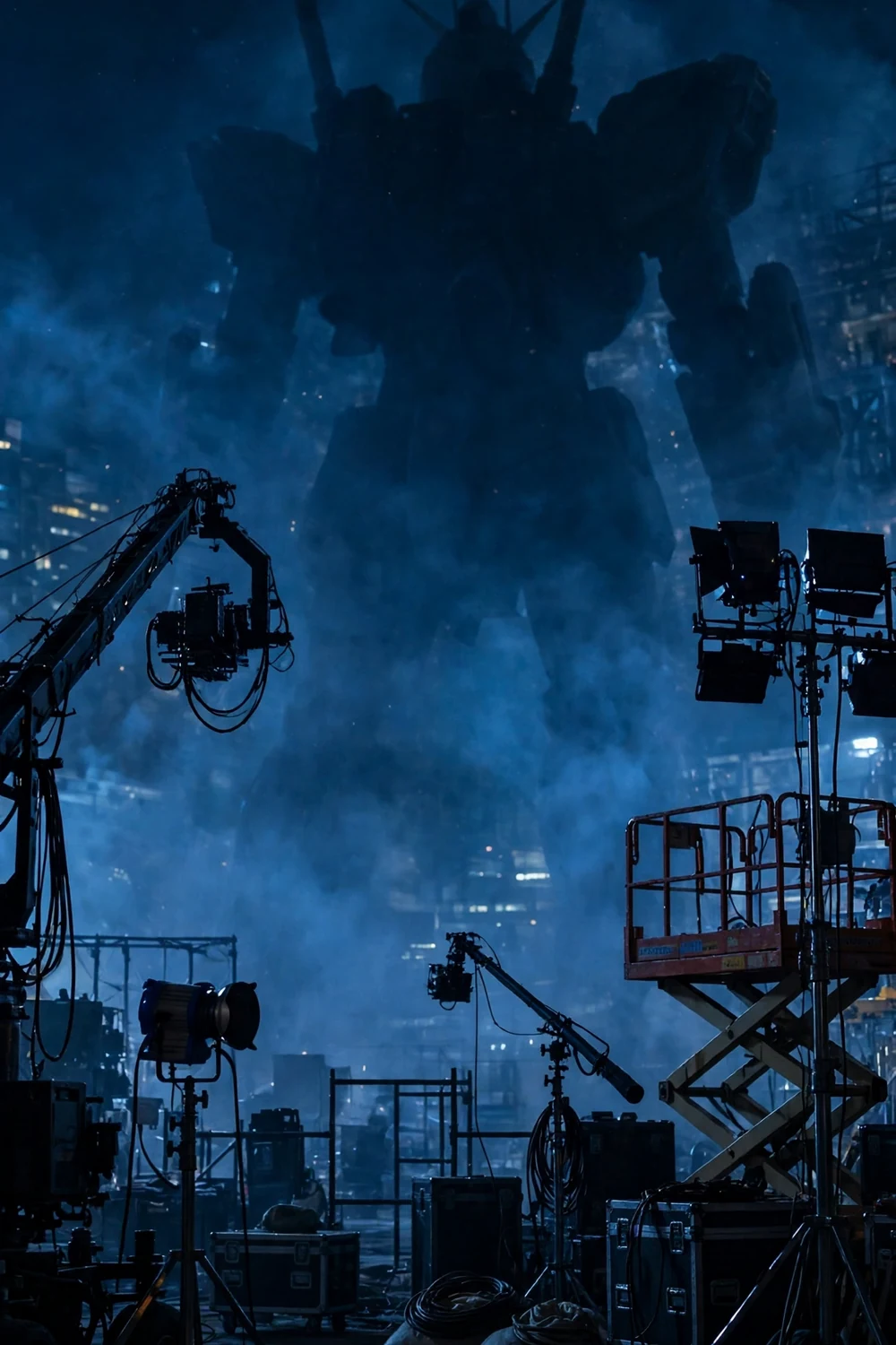 A giant robot movie set with sparks and blue light