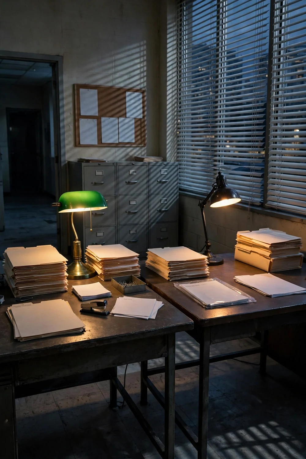 A police squad room with two empty desks