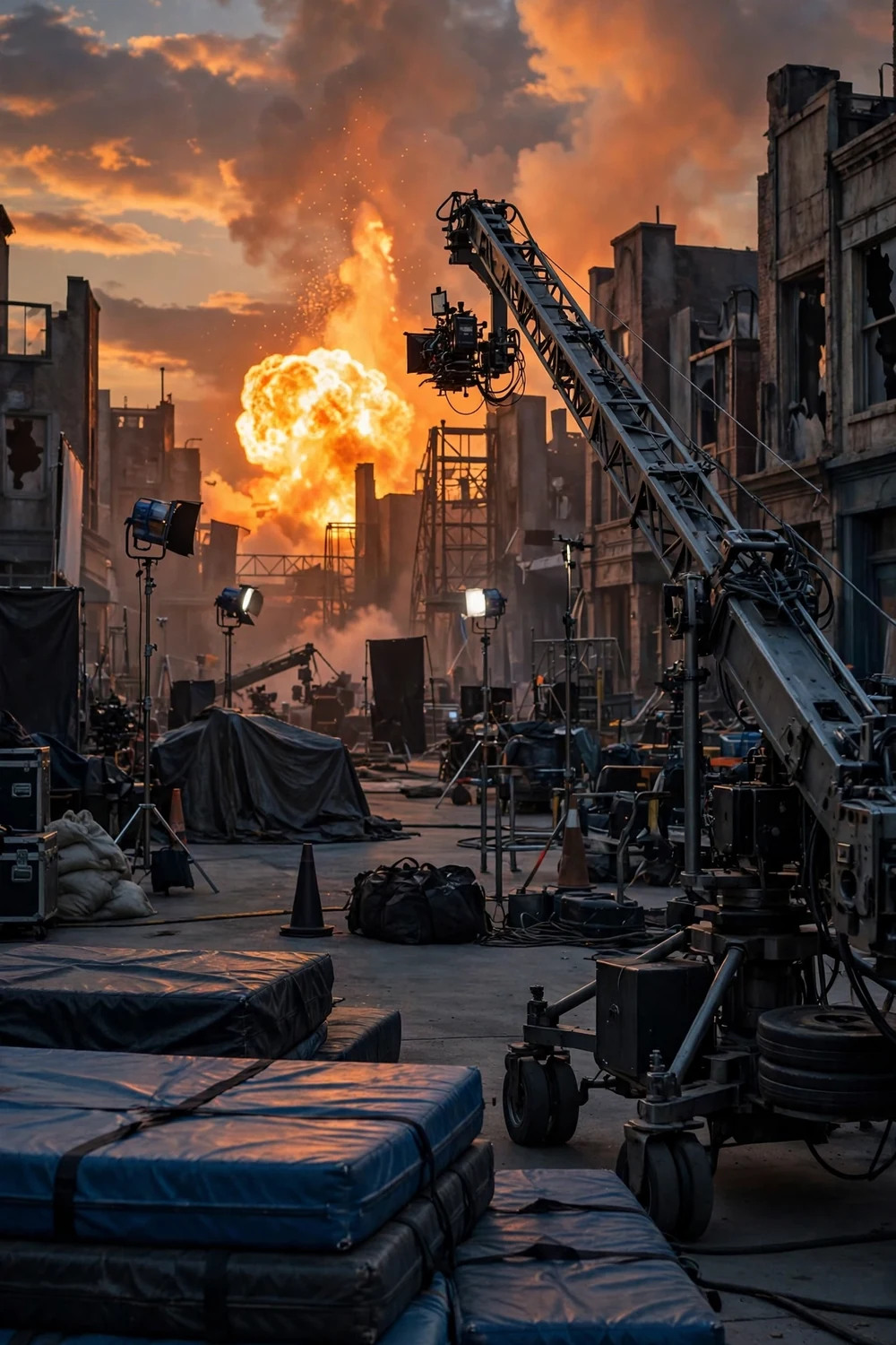 An action-movie set at dusk