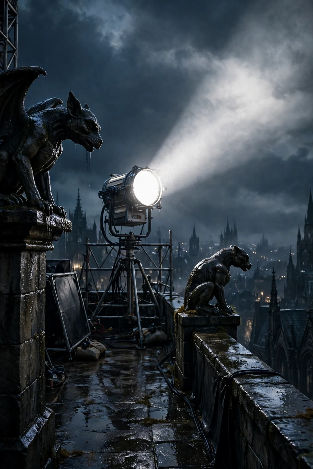 A gothic rooftop film set with a searchlight