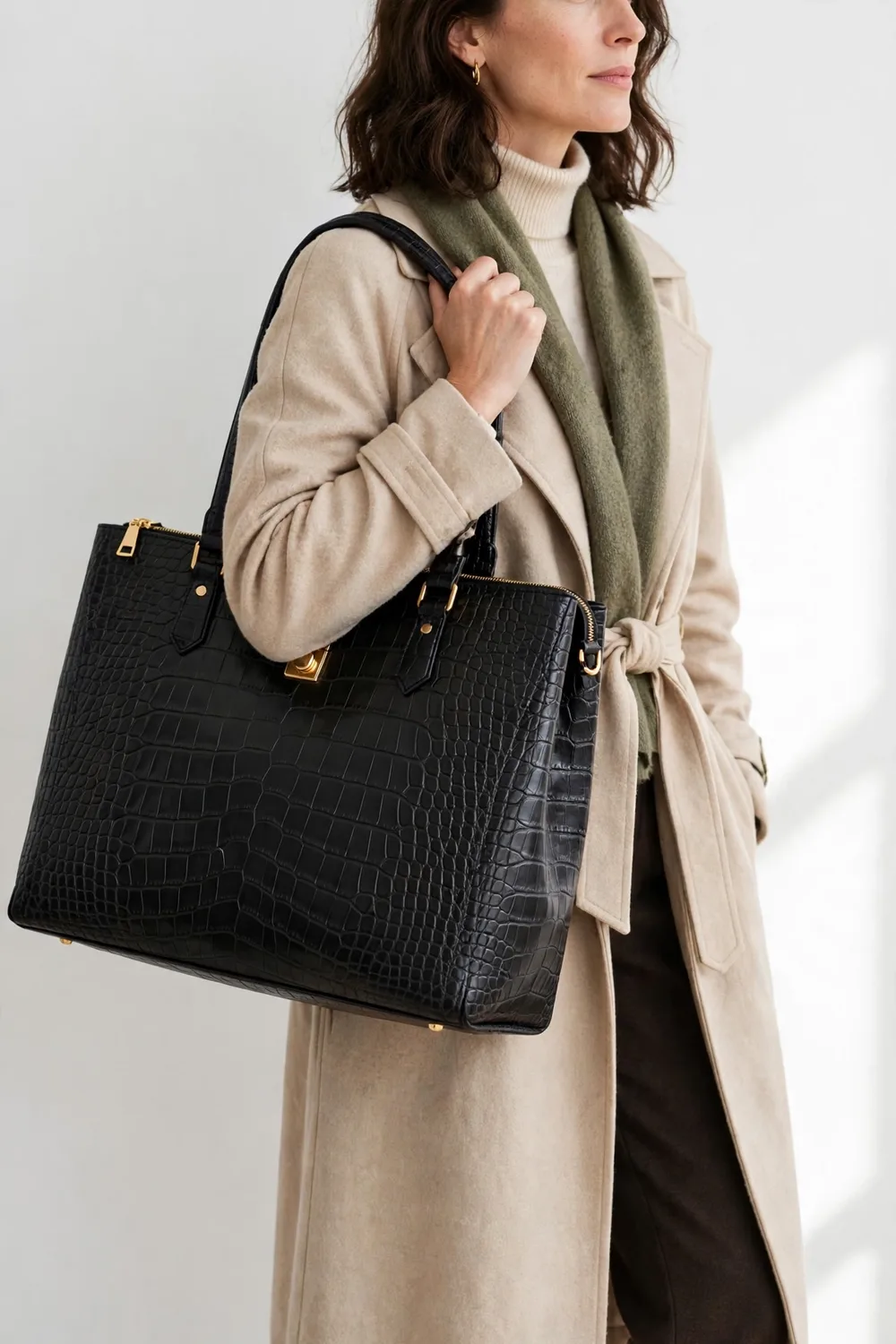 Crocodile-Texture Laptop Tote Bag