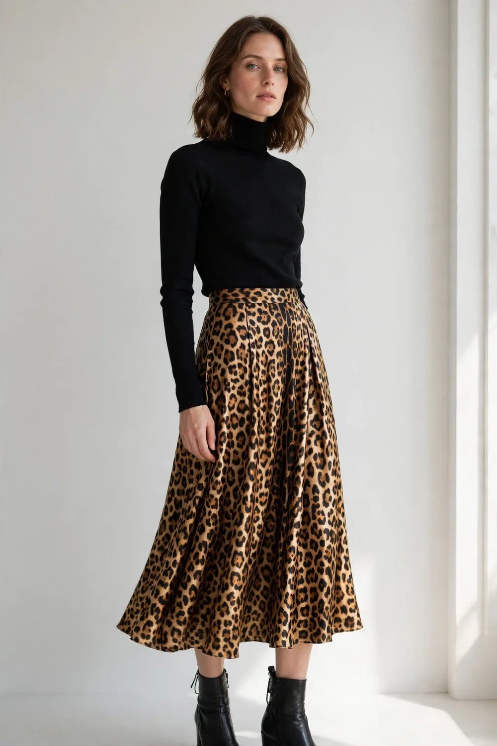 Leopard Print Satin Midi Skirt