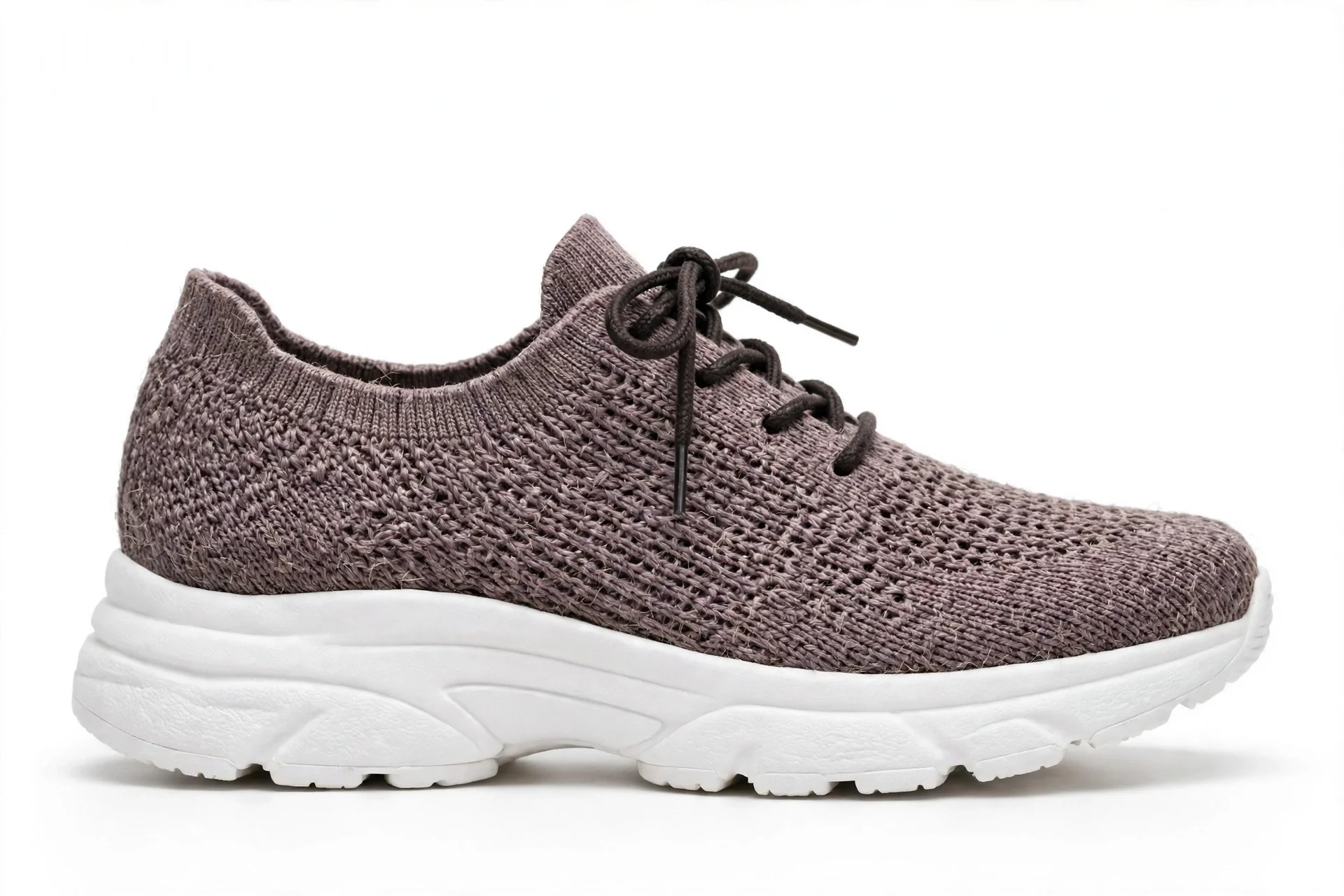 Grey-brown mauve knit lace-up sneaker with dark laces and a thick white cushioned sole
