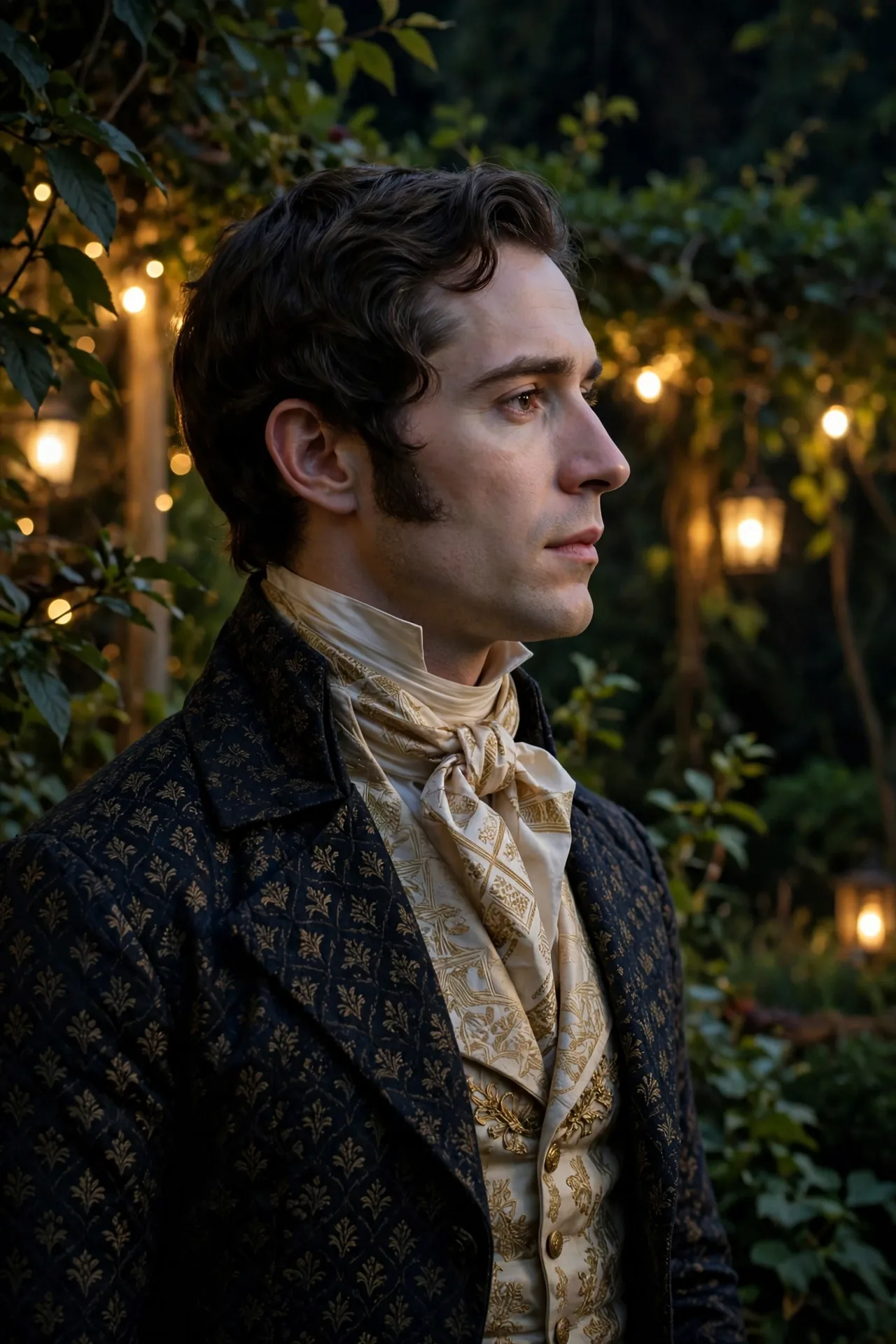 Victor Alli in profile in a dark Regency tailcoat outdoors at night