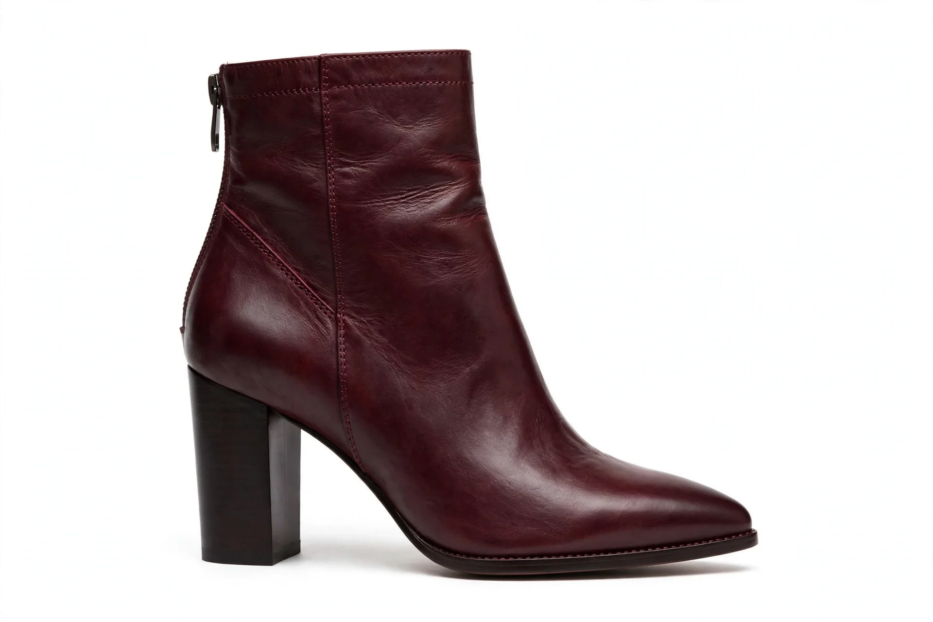 Burgundy merlot leather ankle boot with pointed toe and dark block heel