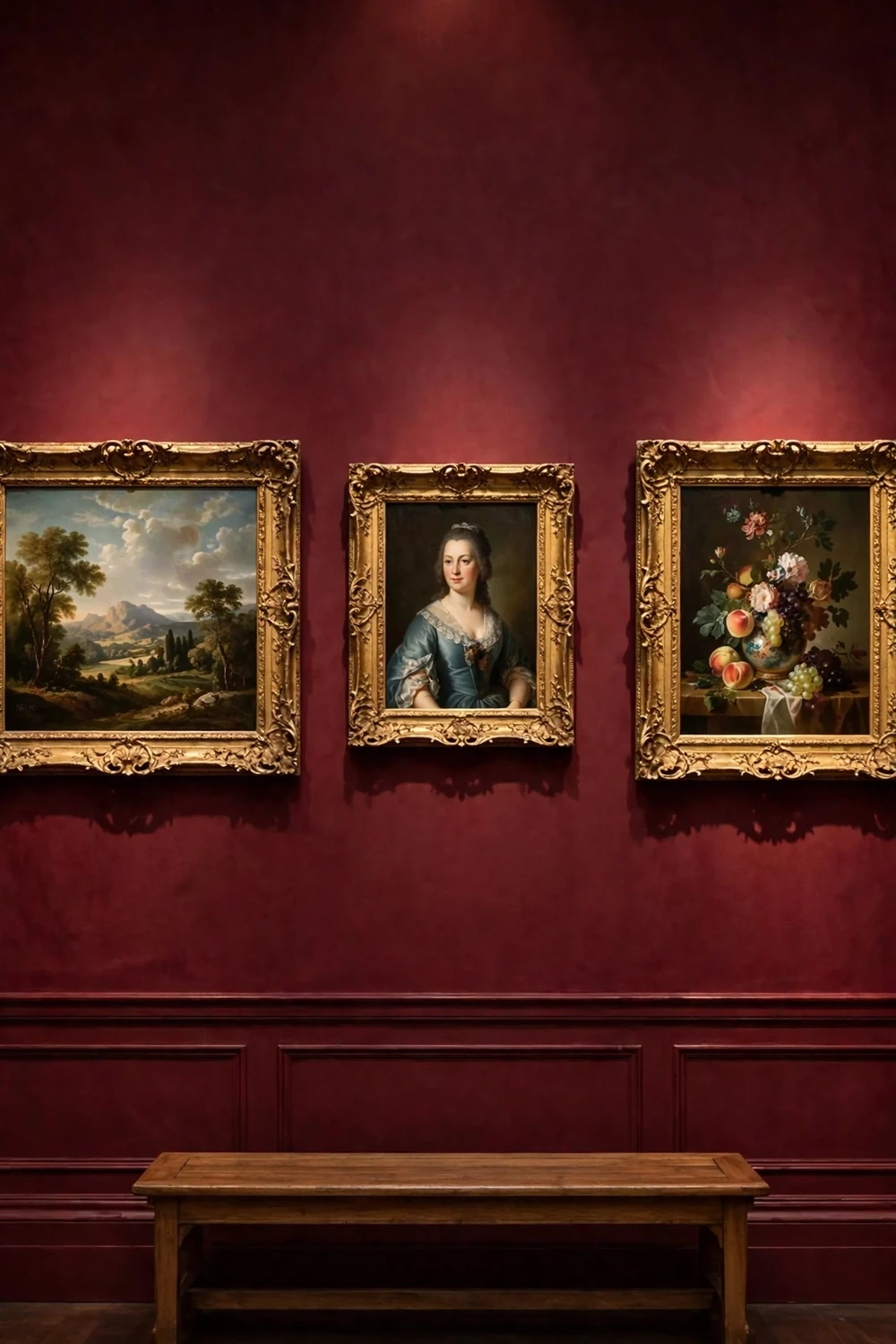 Framed paintings on a museum gallery wall