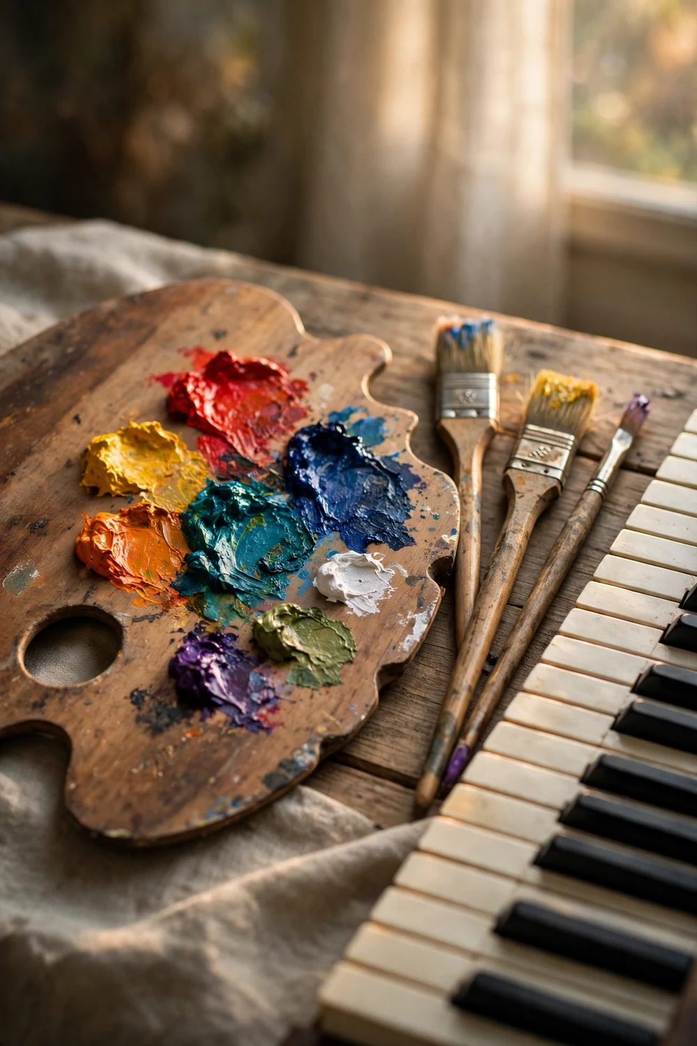 An artist palette with brushes beside piano keys