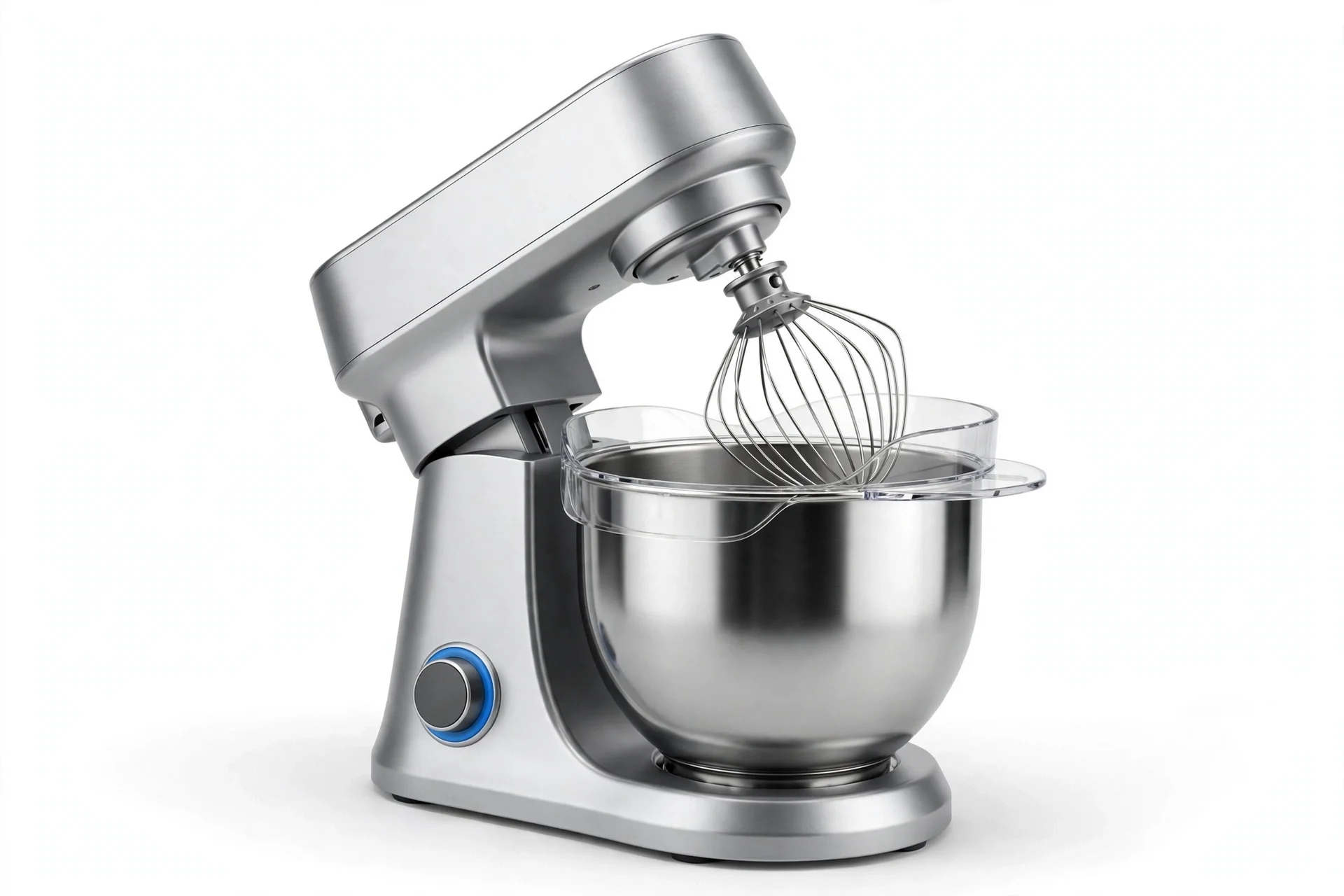 Silver tilt-head stand mixer with a stainless steel bowl and wire whisk
