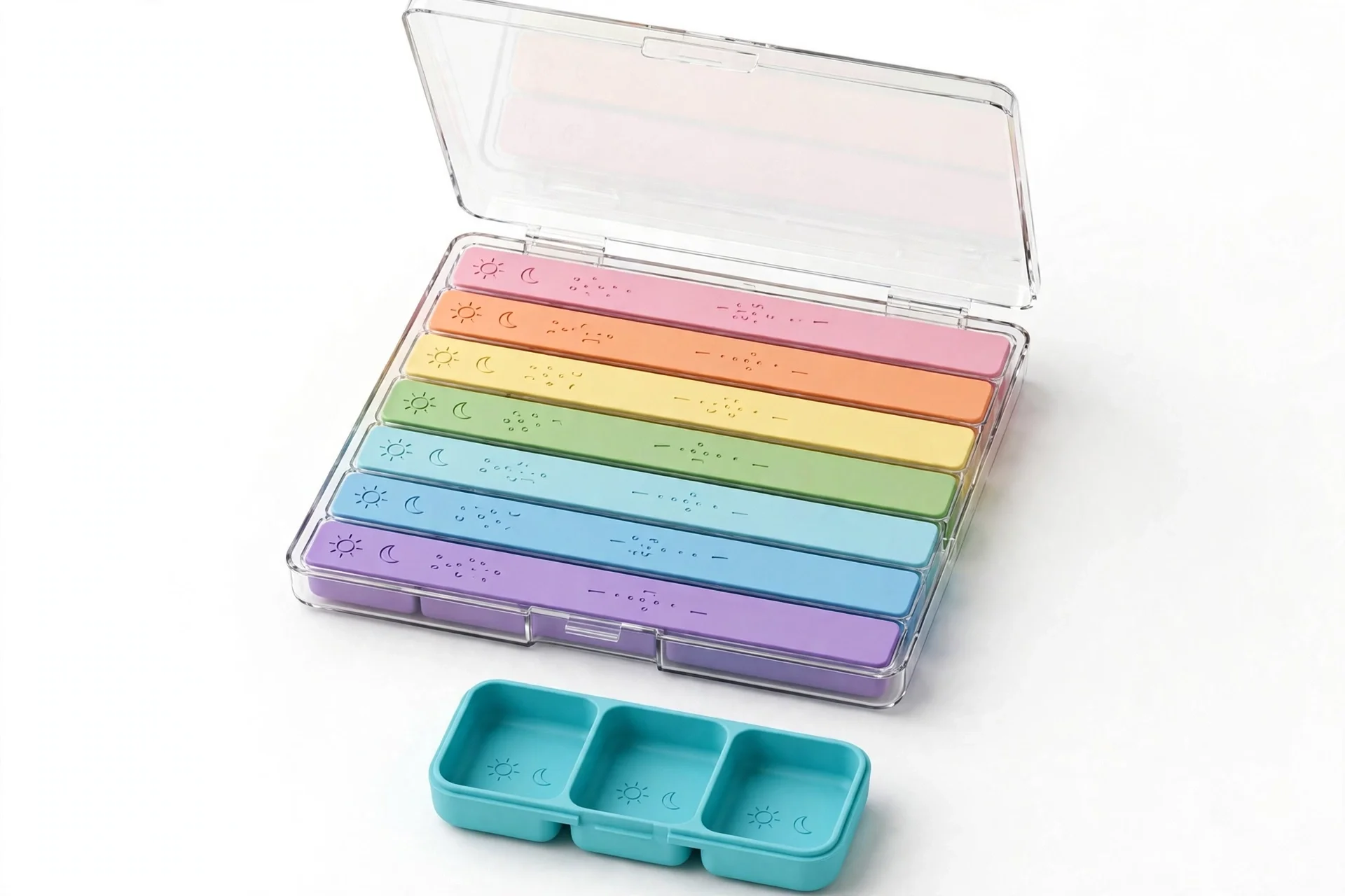 Clear weekly pill organizer with rainbow-coloured day rows and a small turquoise day case