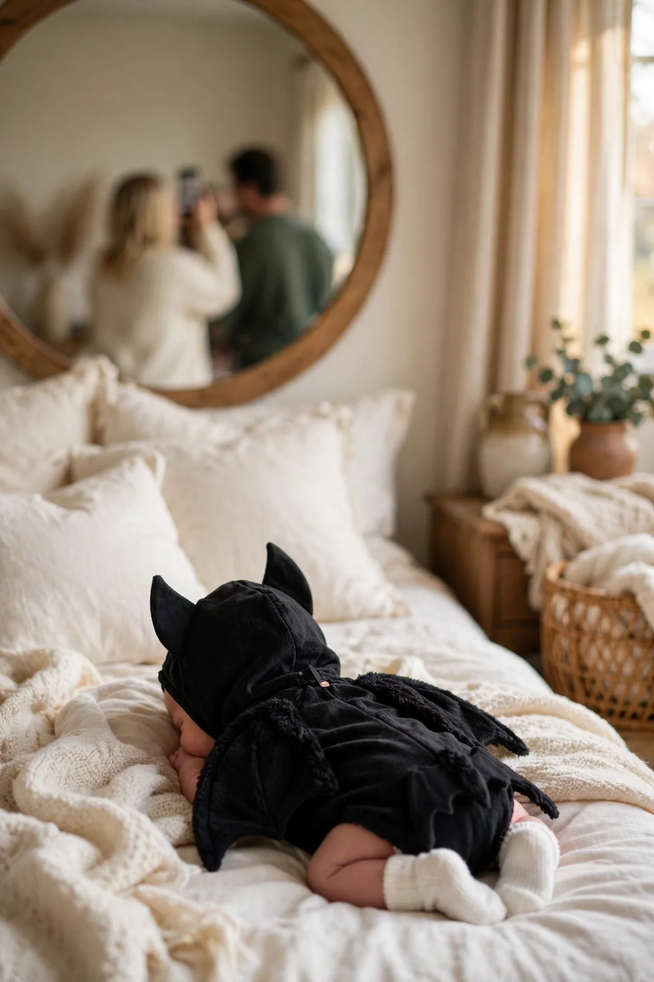 A baby in a black hooded bat costume with pointed ears and white socks, lying on a white bed with a mirror behind