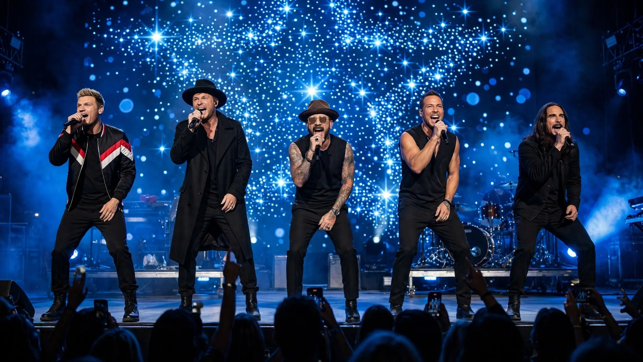 Five singers performing on a concert stage with a bright blue sparkling backdrop and audience phones raised