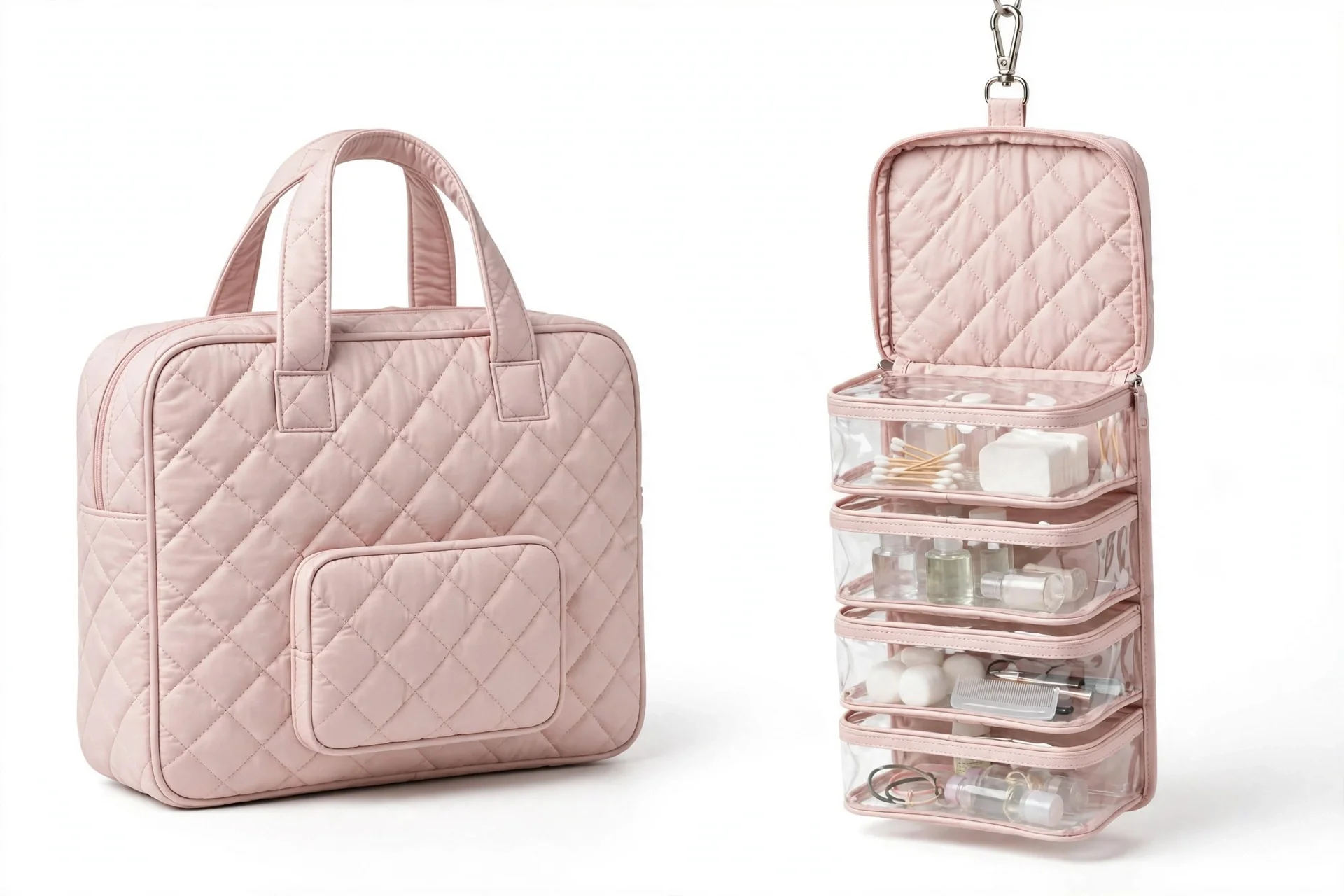 Pale pink quilted hanging toiletry bag shown closed and hanging open with clear compartments