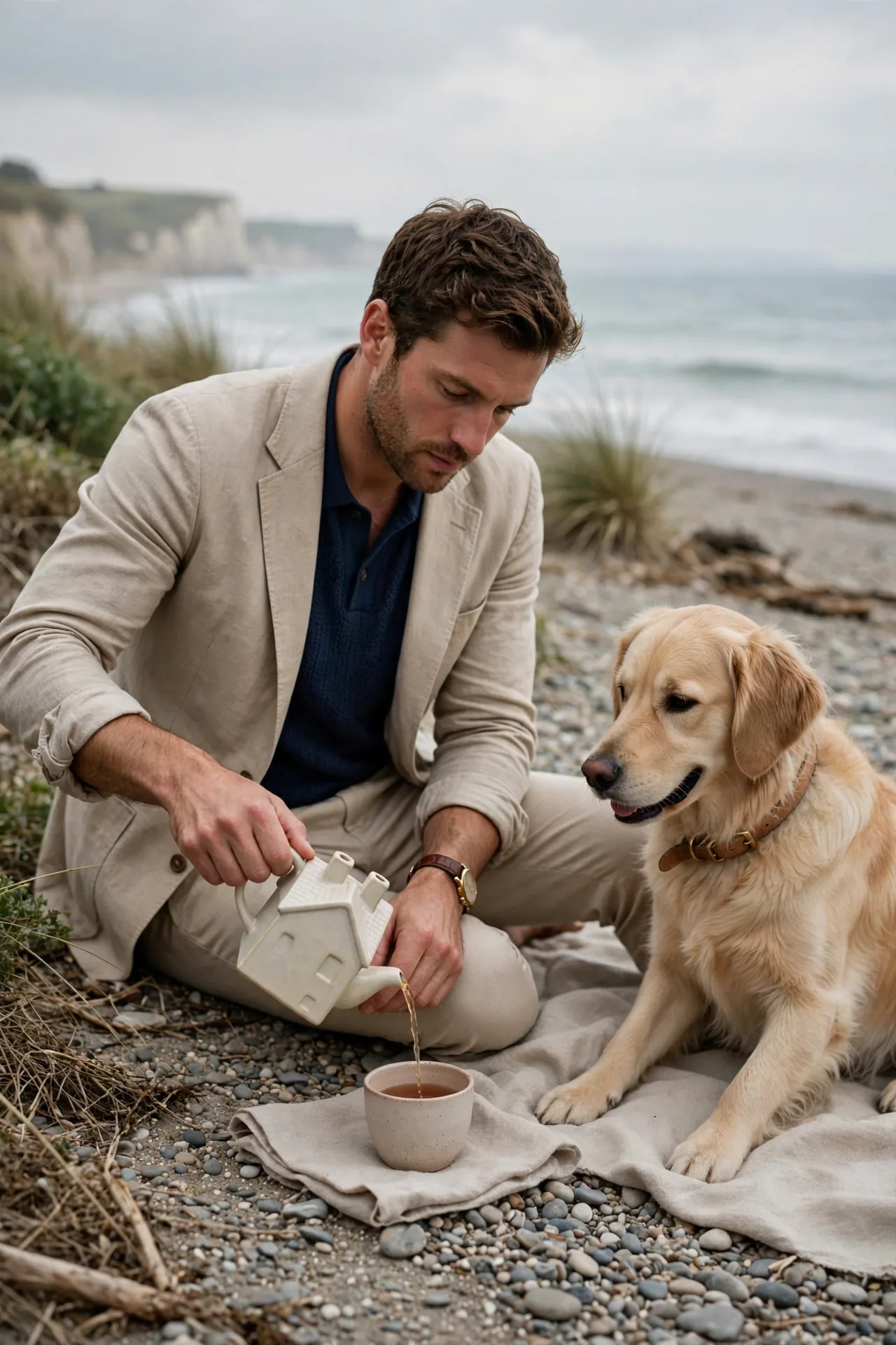 A man pouring tea from a small house-shaped teapot into a cup on a beach, with a dog sitting nearby