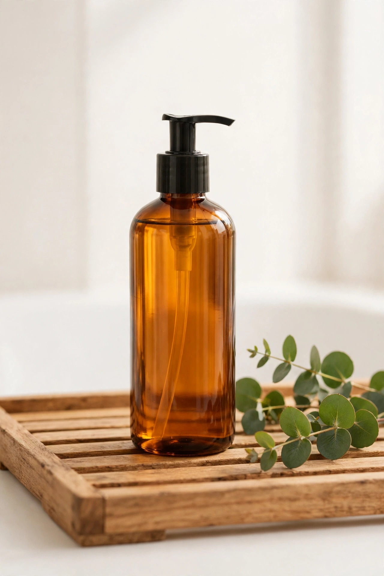 Dove Serum+ Soothing Oil body wash bottle in a warm shower setting