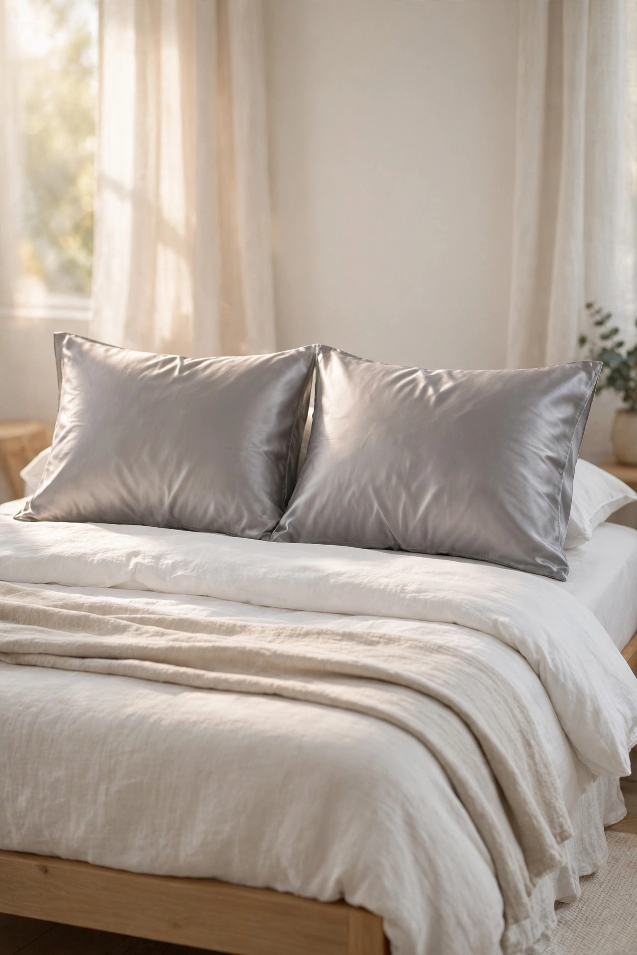 Bedsure satin pillowcases in silver grey on a bed