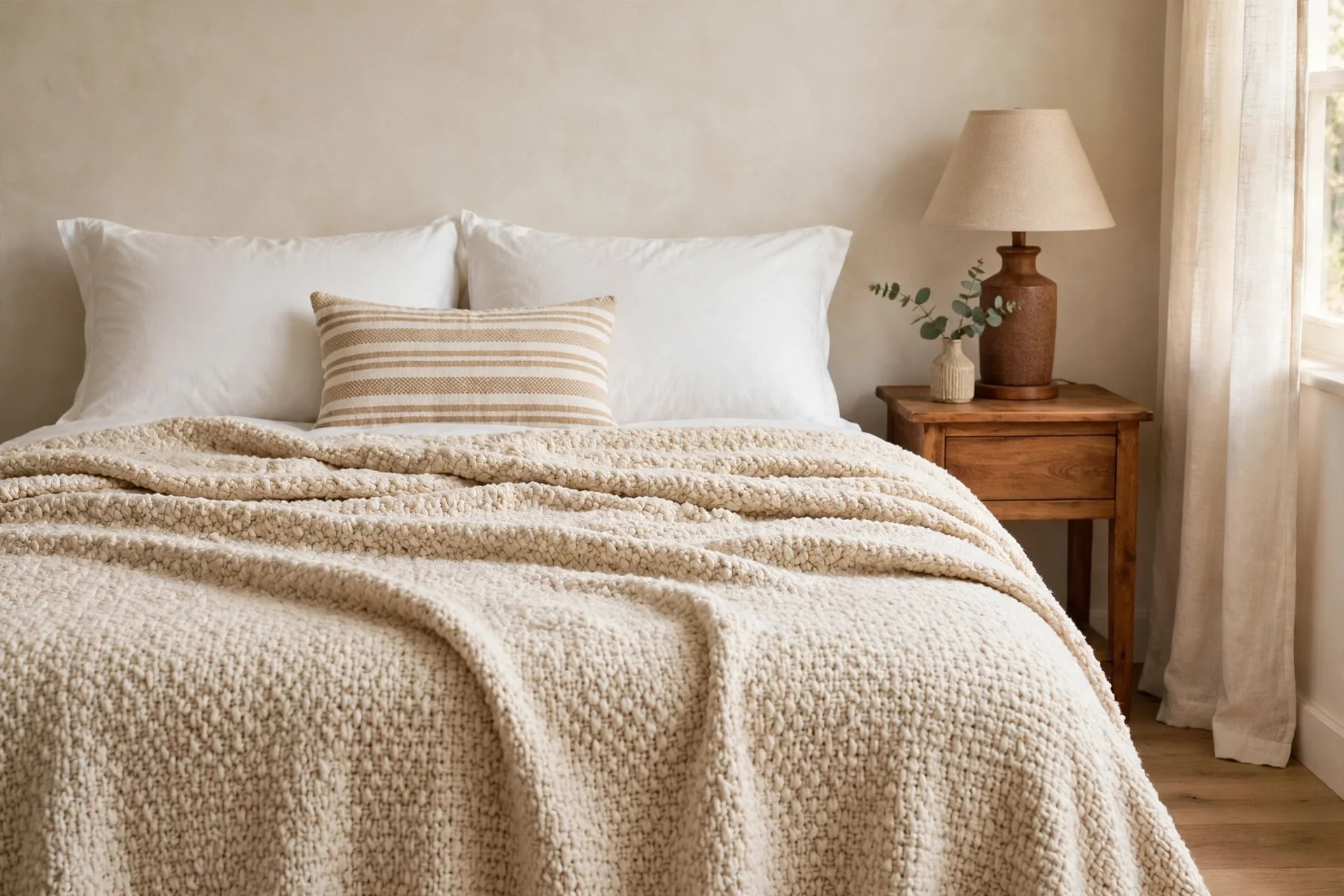 Bed made with a beige cream textured blanket, white pillows, a small striped accent pillow, and a wooden nightstand with a brown lamp and beige shade