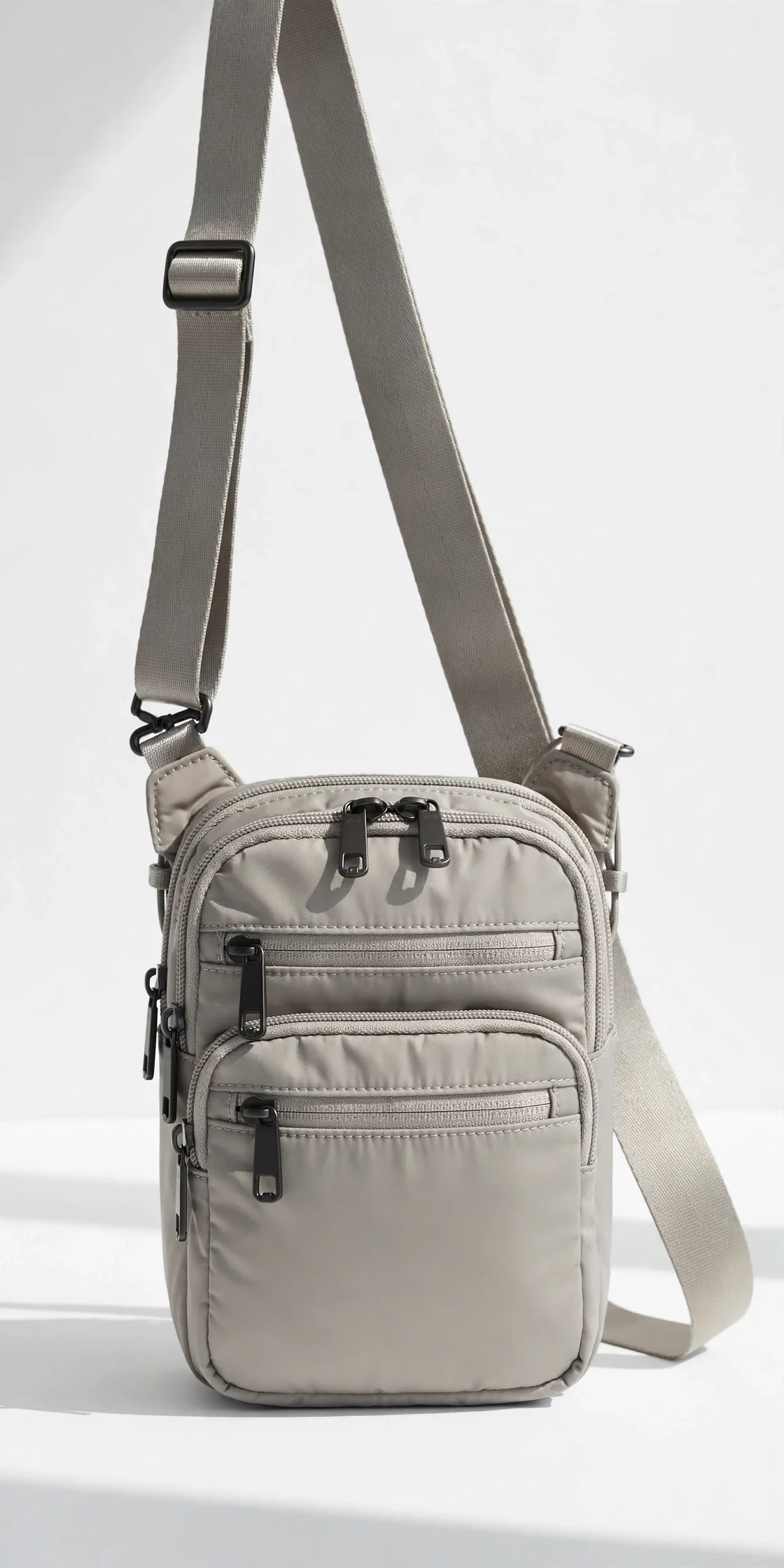 Grey women's anti-theft crossbody bag with secure zipper closures and a long shoulder strap, flat product photo on a light background