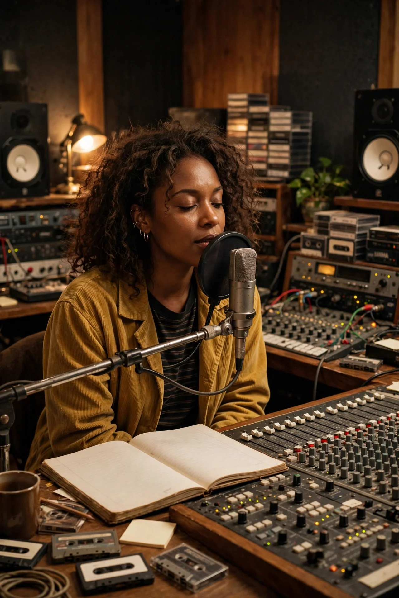 A generic neo-soul singer-songwriter recording in a studio