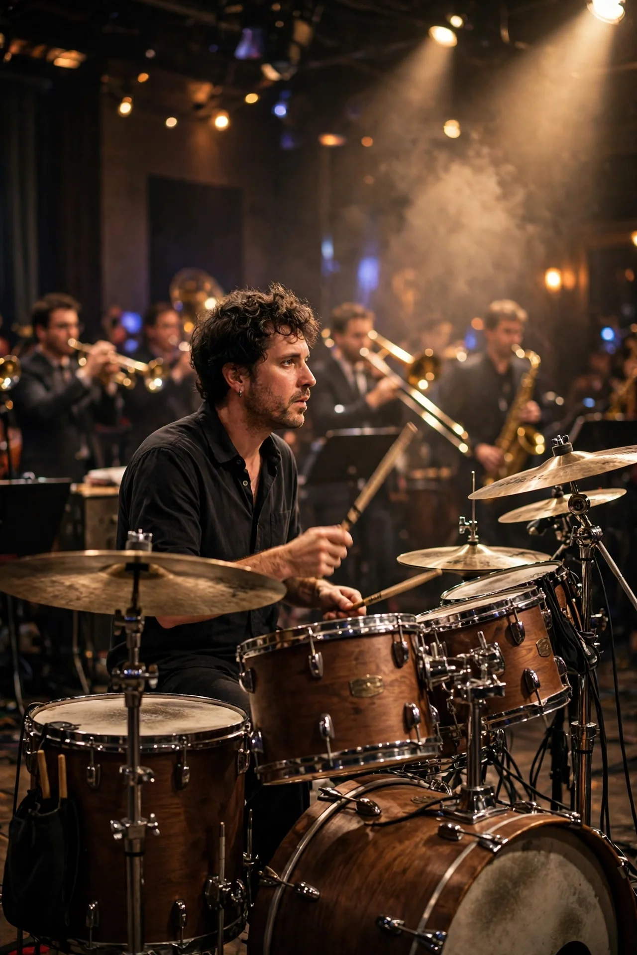 A generic jazz drummer performing on stage with a big band