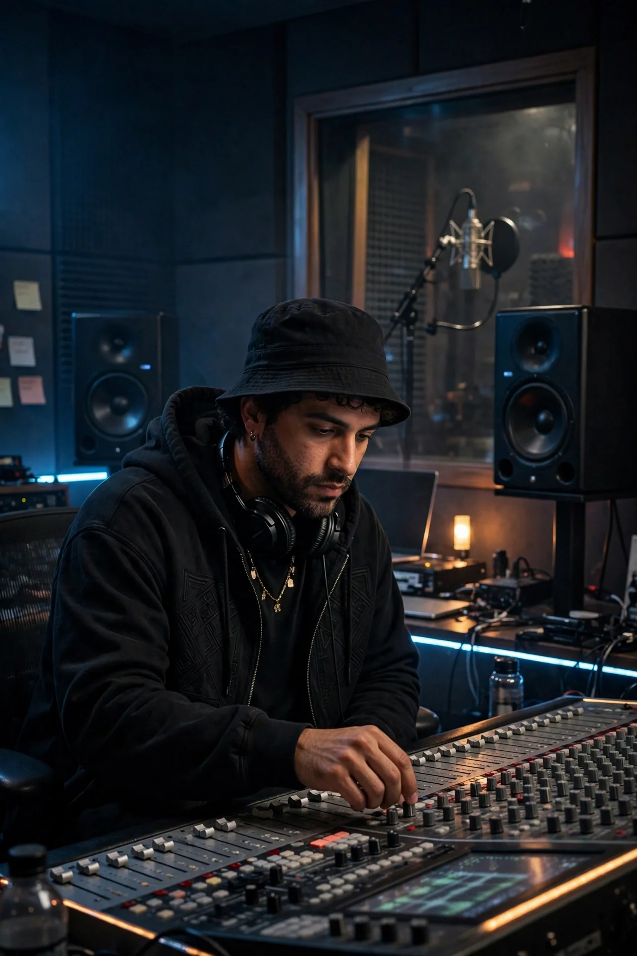 A generic hip-hop producer working at a studio mixing console