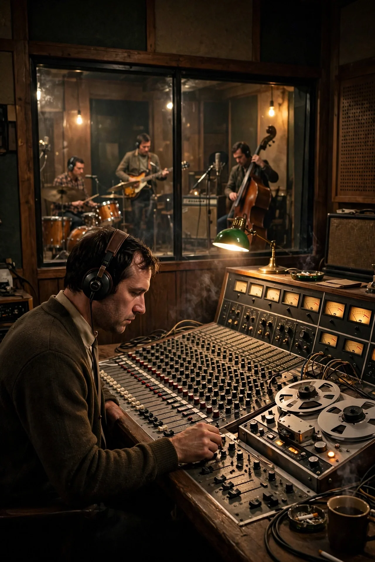 A generic record producer at a vintage mixing console in a 1960s studio