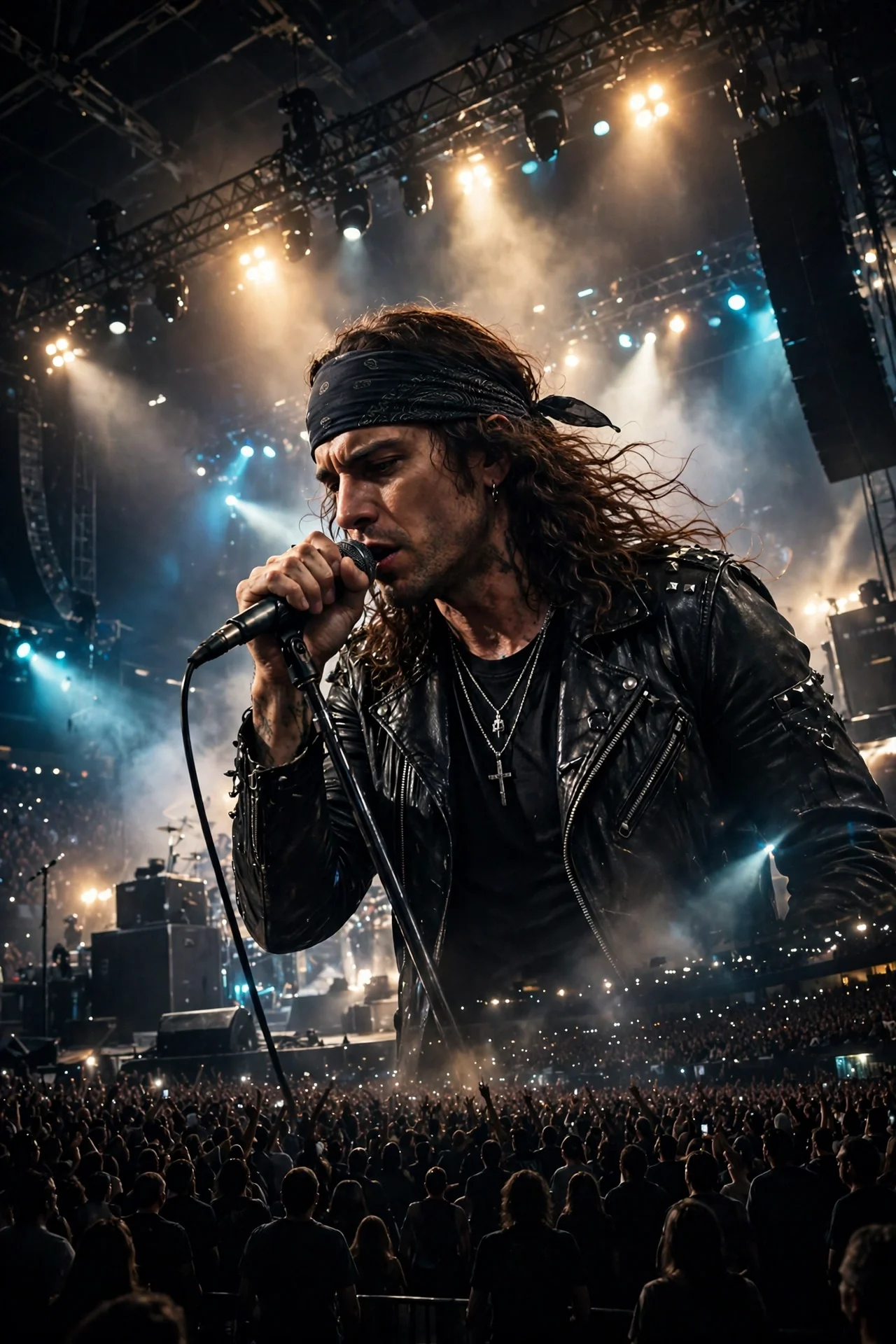 A generic hard rock frontman singing on an arena stage