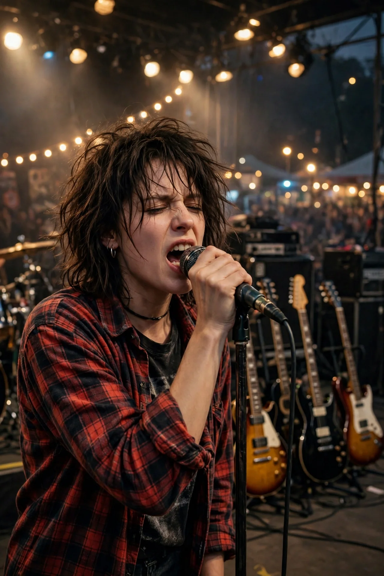 A generic alternative rock singer performing at a festival