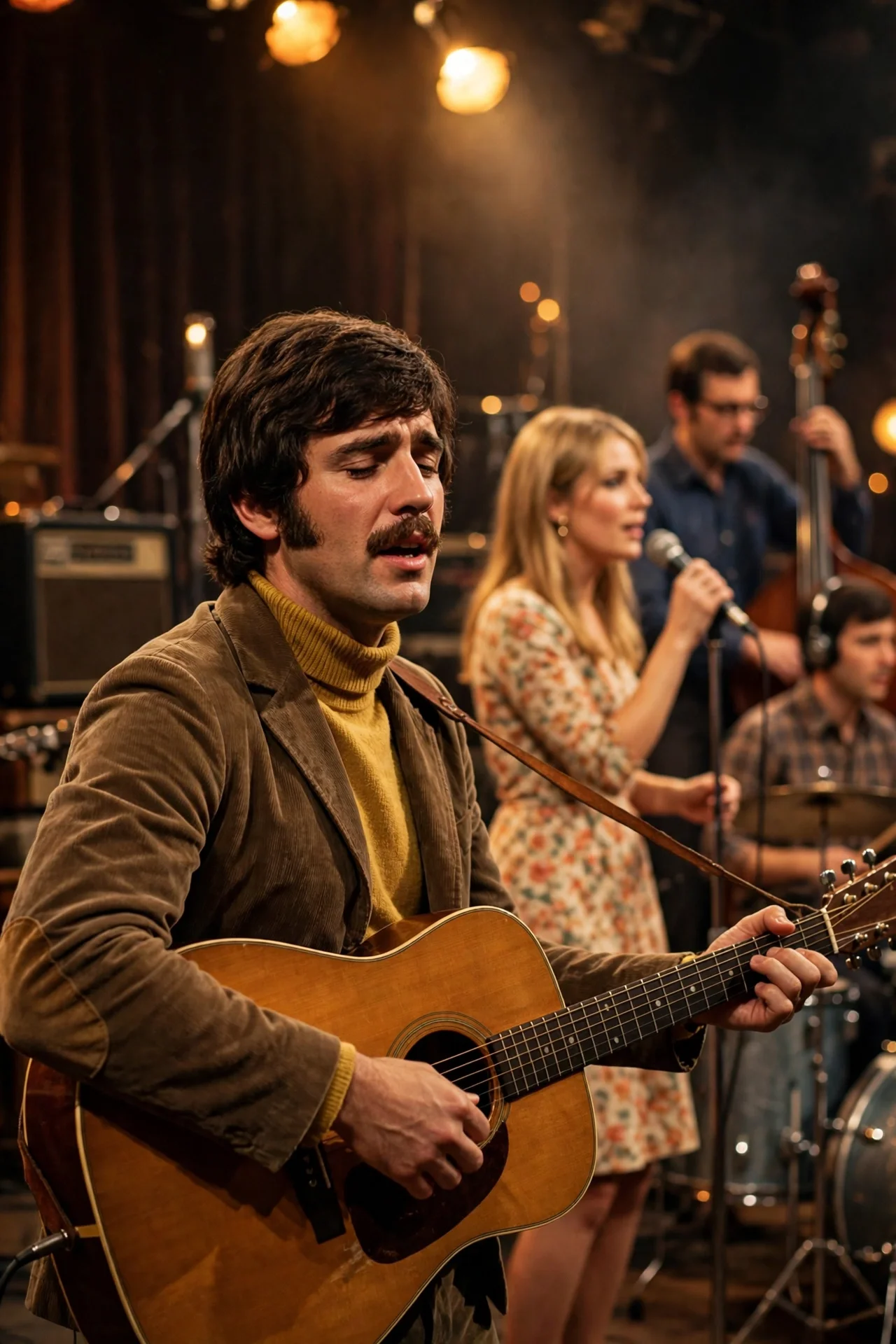 A generic folk-rock singer-songwriter performing on stage with a band