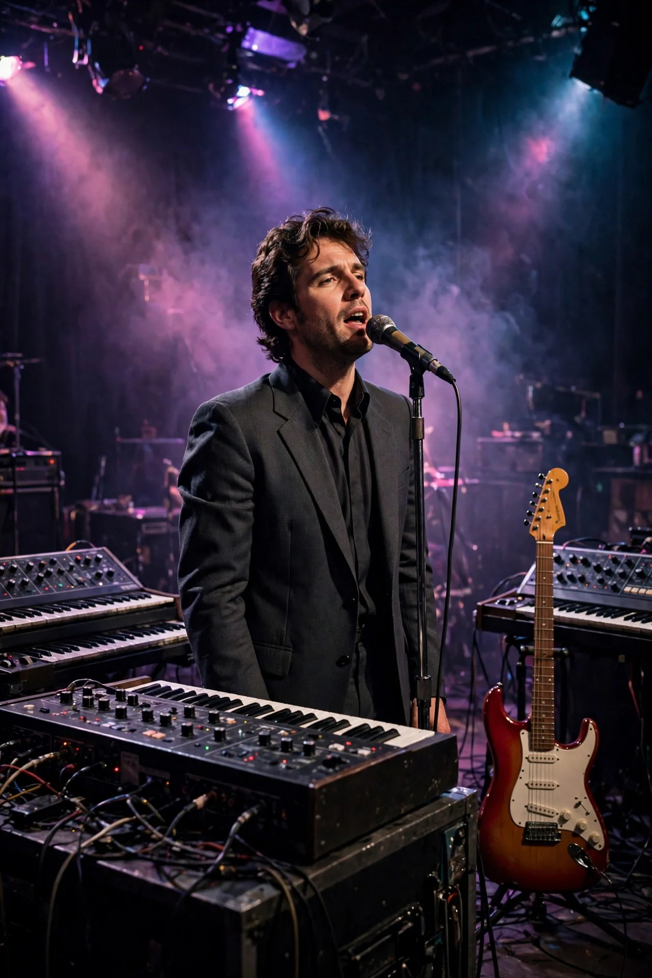 A generic new wave band leader singing on stage with keyboards and guitar