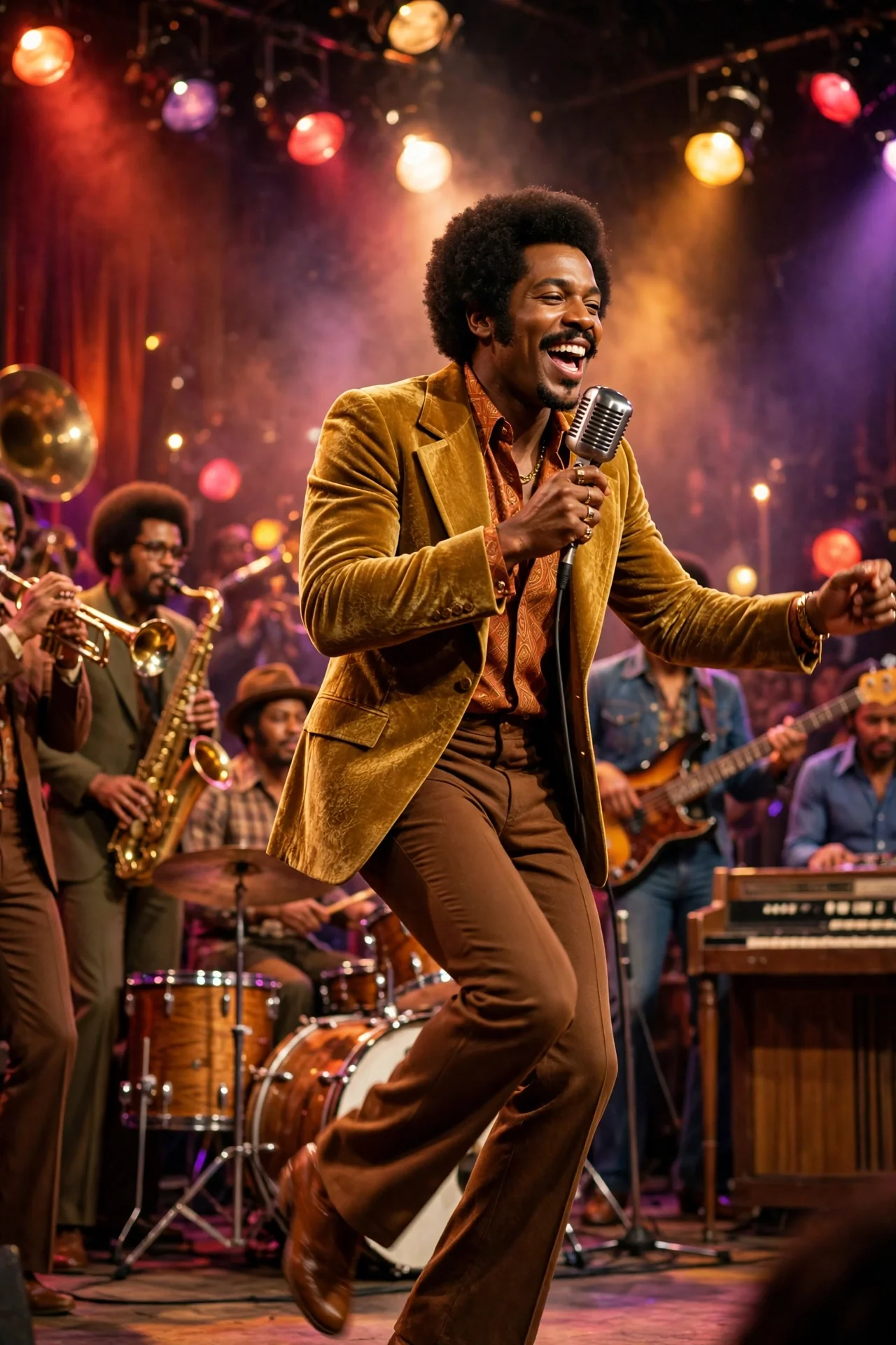 A generic soul and funk bandleader performing on stage with a brass section