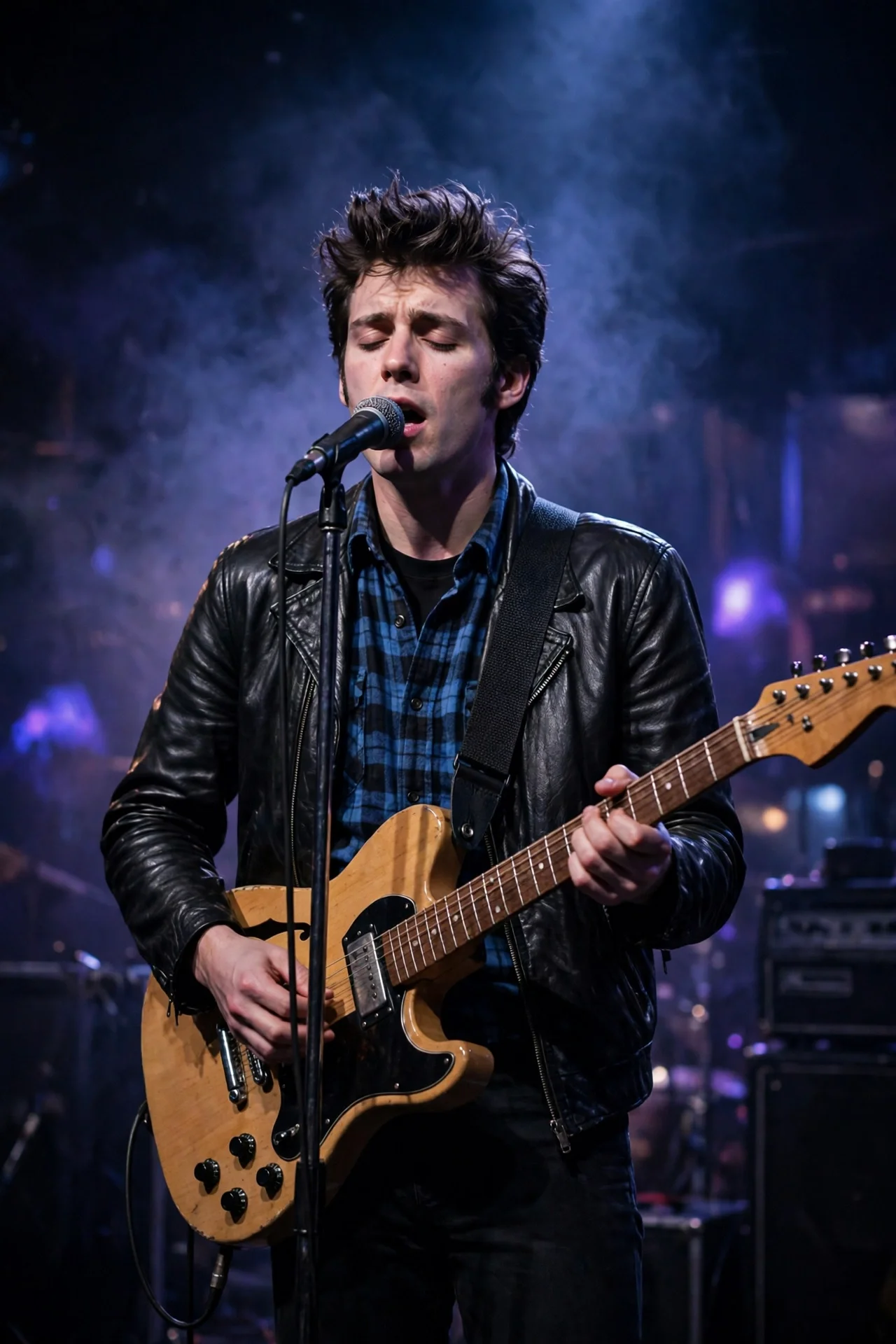 A generic indie rock singer with a guitar performing on stage